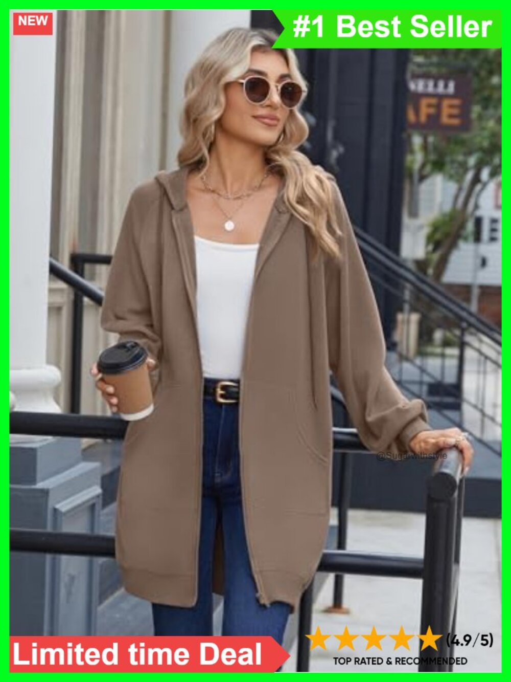 Women's Zip Up Hoodie Long Sleeve Tunic Sweatshirt Oversized - Picture 3 of 6